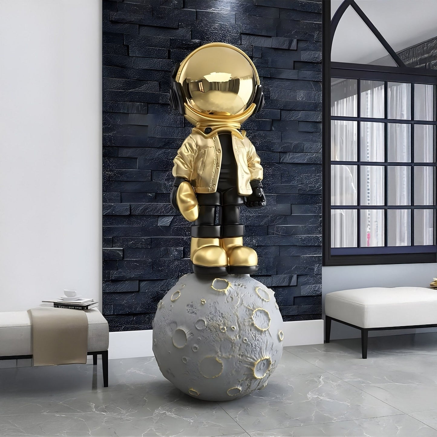 Large Celestial Gold Astronaut Beats On Moon Sculpture - 140cm