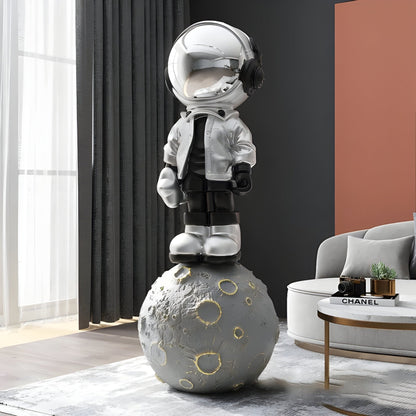 Large Lunar Silver Astronaut Beats On Moon Sculpture - 140cm